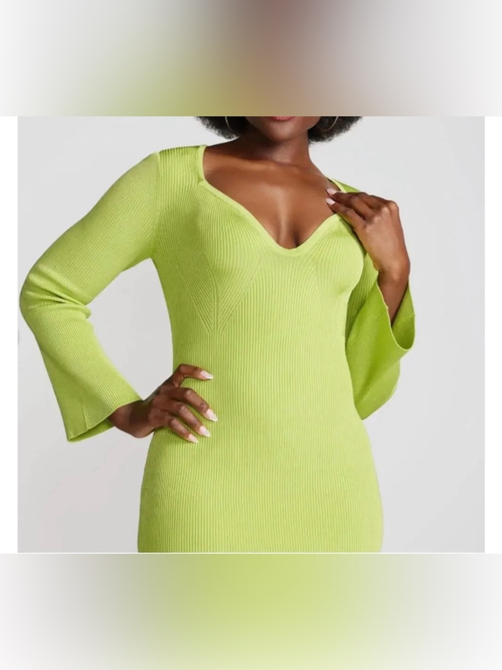 Gabrielle Union Spring Green Ribbed Knit Sweetheart Long Sleeve Bodycon Midi Dre